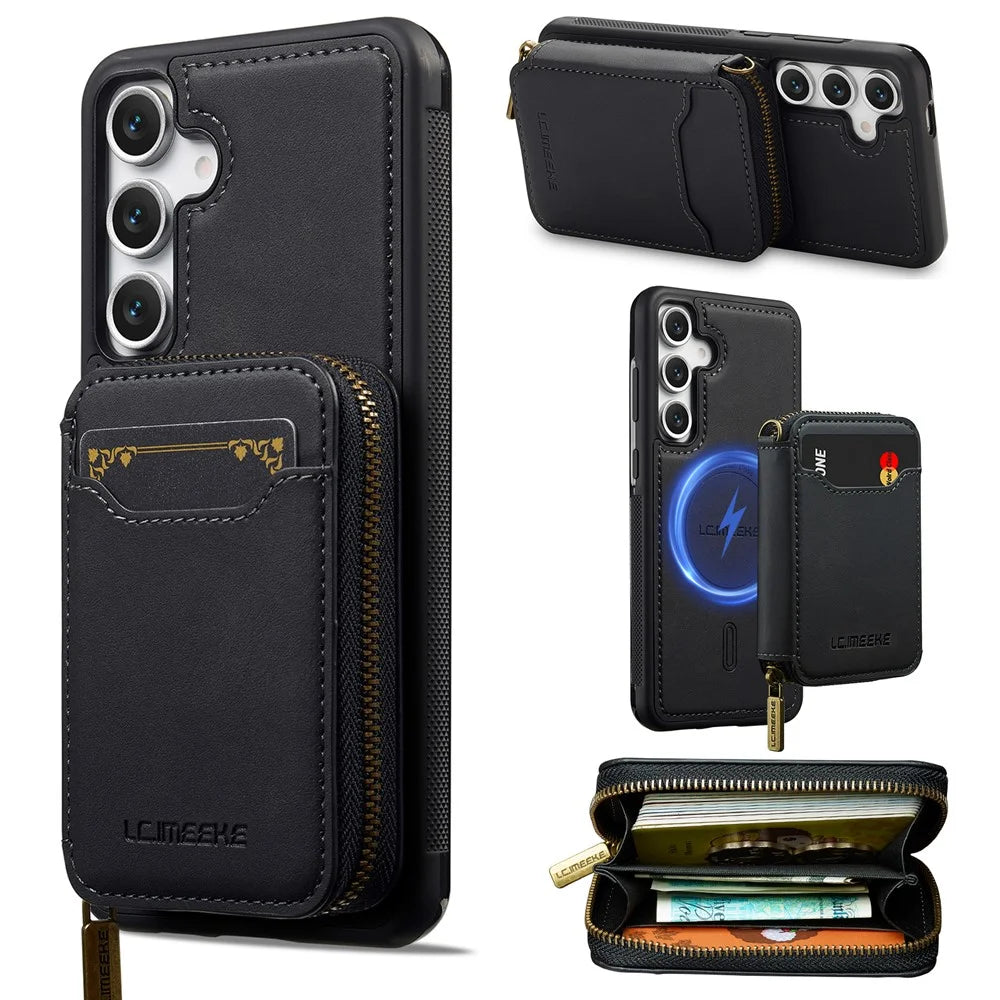 LC.IMEEKE L6 For Samsung Galaxy S24 FE Magnetic Case Detachable Zipper Wallet Leather Coated PC + TPU Phone Cover - Black - 1