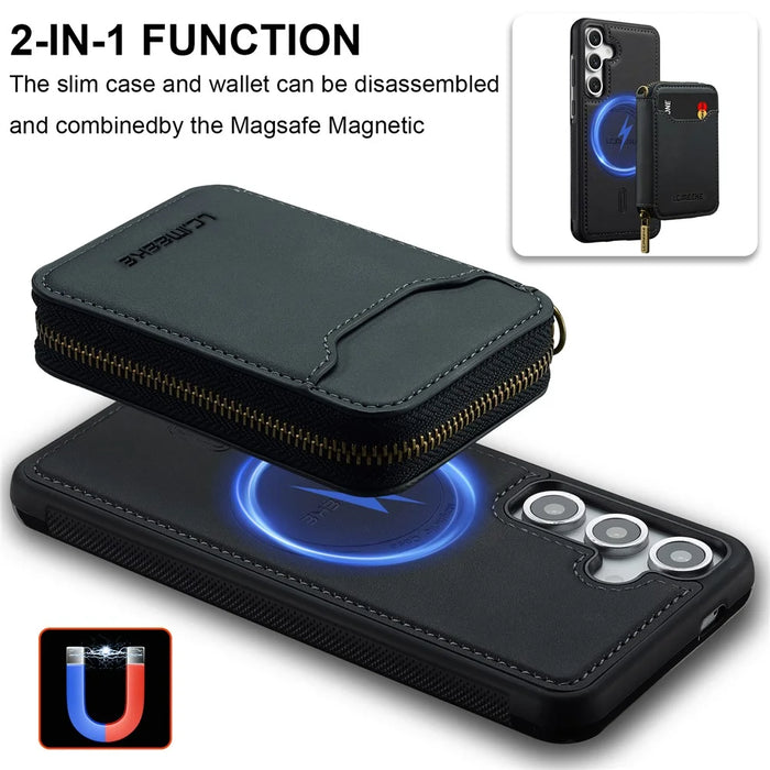 LC.IMEEKE L6 For Samsung Galaxy S24 FE Magnetic Case Detachable Zipper Wallet Leather Coated PC + TPU Phone Cover - Black - 6
