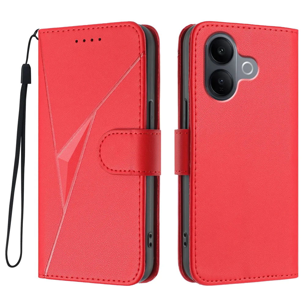 For vivo V60 Lite 5G Case Triangle Imprint Leather Phone Cover with Lanyard - Red - 1
