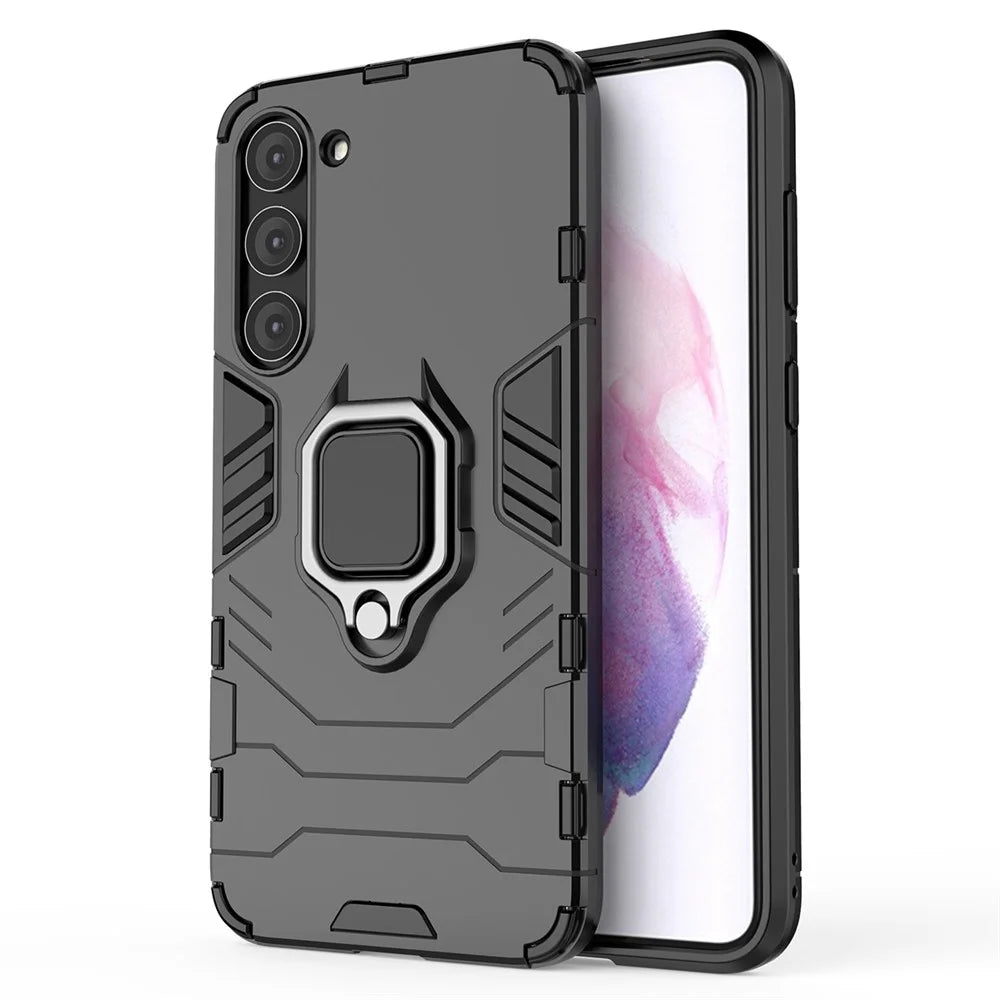 For Samsung Galaxy S23 Ring Holder Kickstand Hard PC Soft TPU Hybrid Case Anti-drop Protection Phone Cover - Black - 1
