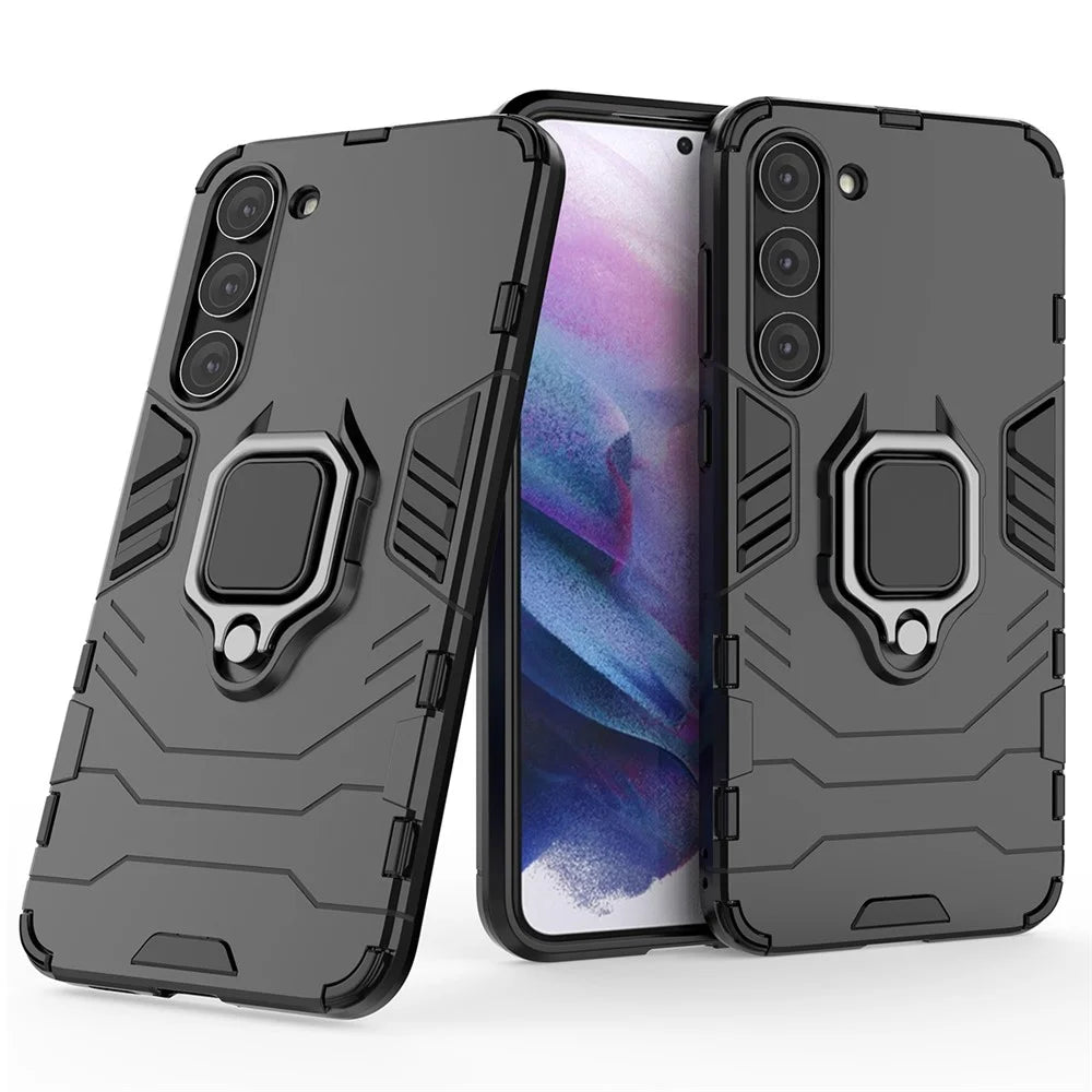 For Samsung Galaxy S23 Ring Holder Kickstand Hard PC Soft TPU Hybrid Case Anti-drop Protection Phone Cover - Black - 2