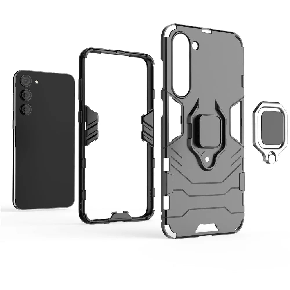 For Samsung Galaxy S23 Ring Holder Kickstand Hard PC Soft TPU Hybrid Case Anti-drop Protection Phone Cover - Black - 7