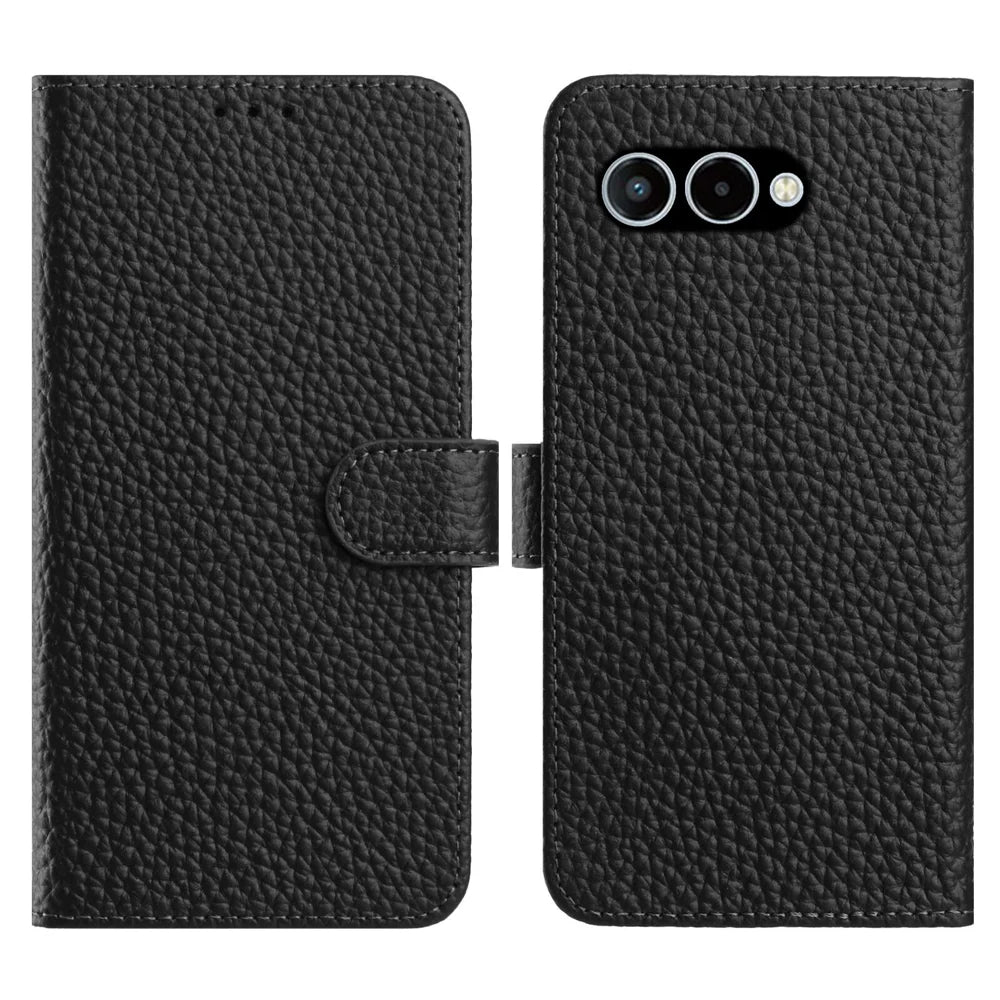 For T-Mobile T Phone 3 / T-Mobile REVVL 8 Case Wallet Stand Litchi Texture Genuine Cow Leather Flip Phone Cover - Black - 1
