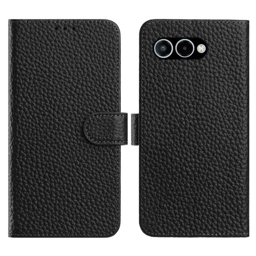 For T-Mobile T Phone 3 / T-Mobile REVVL 8 Case Wallet Stand Litchi Texture Genuine Cow Leather Flip Phone Cover - Black - 1
