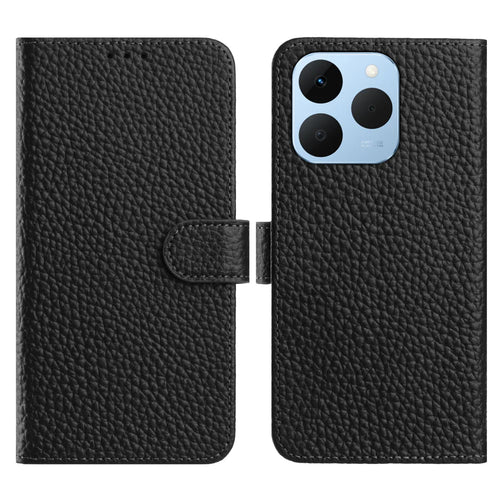 For Realme 15T 5G Case Wallet Stand Litchi Texture Genuine Cow Leather Flip Phone Cover - Black - 1