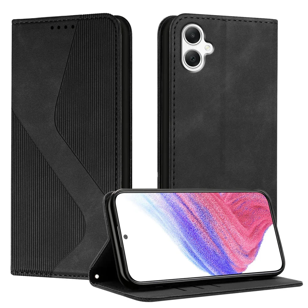 For Samsung Galaxy A08 5G / A08 4G / A07 4G / A06 4G / A06 5G Phone Cover Skin-touch Feel Leather Wallet Case with Stand - Black - 1