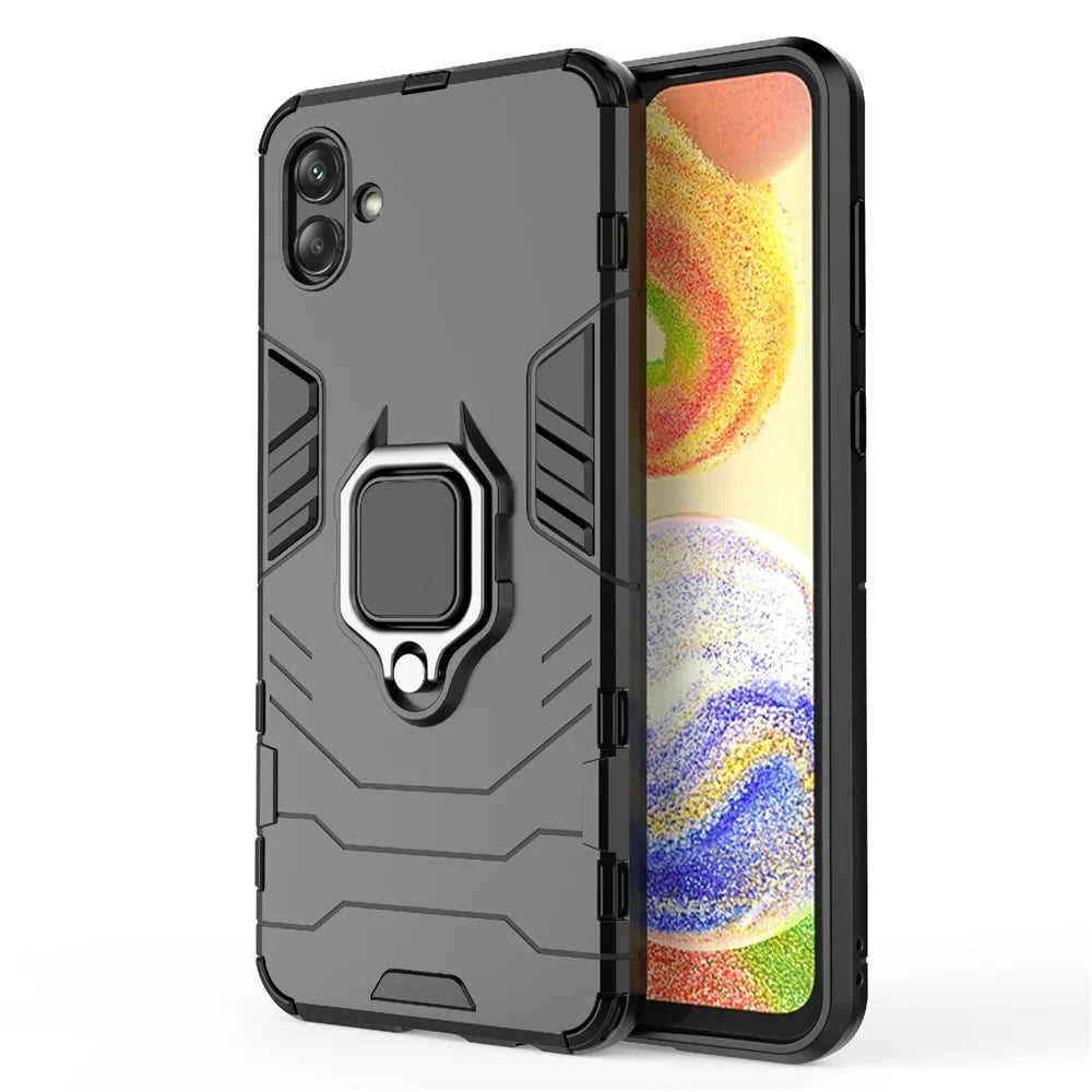For Samsung Galaxy A04 4G (164.4 x 76.3 x 9.1 mm) Ring Holder Kickstand PC + TPU Case Anti-fall Phone Cover Protector - Black - 1