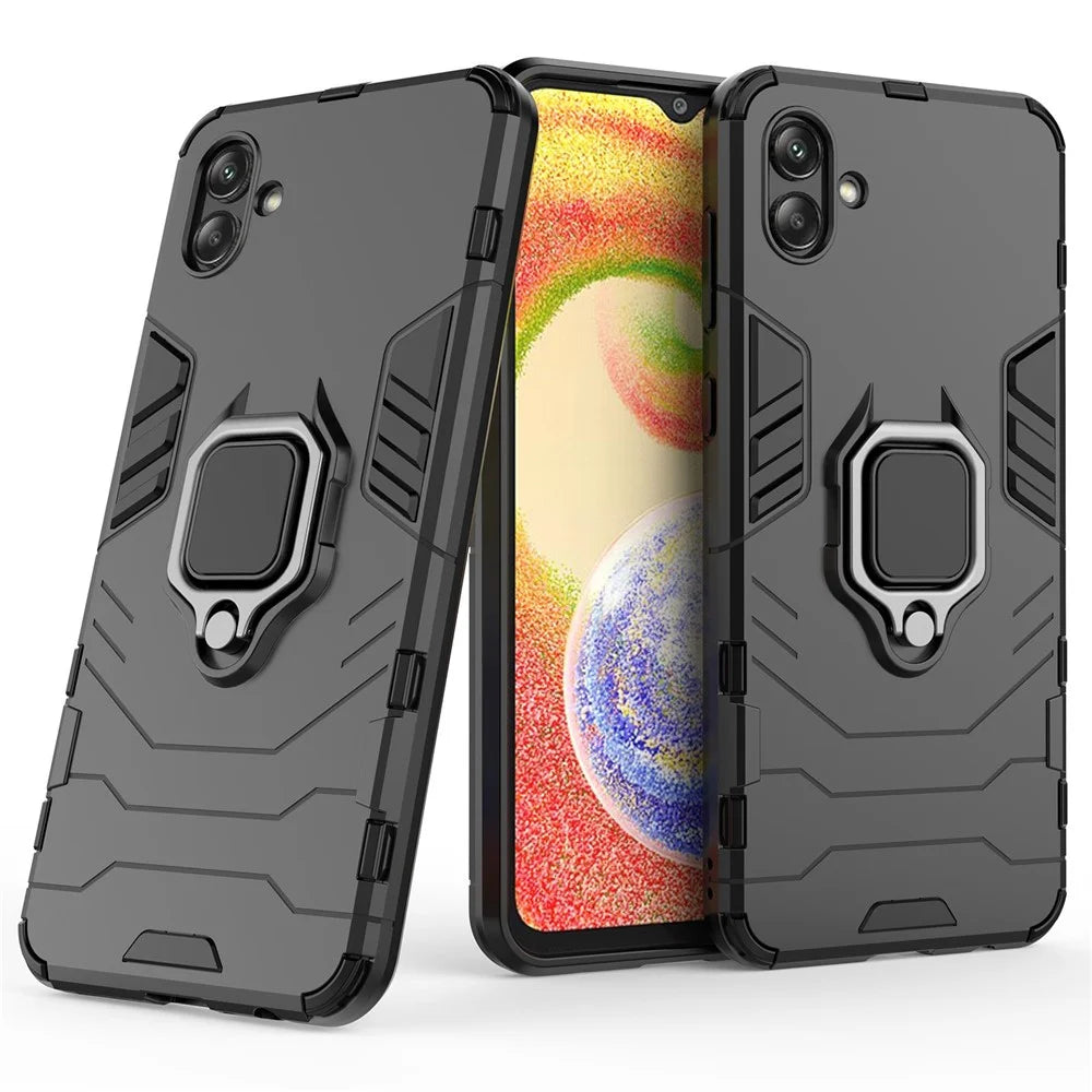 For Samsung Galaxy A04 4G (164.4 x 76.3 x 9.1 mm) Ring Holder Kickstand PC + TPU Case Anti-fall Phone Cover Protector - Black - 2
