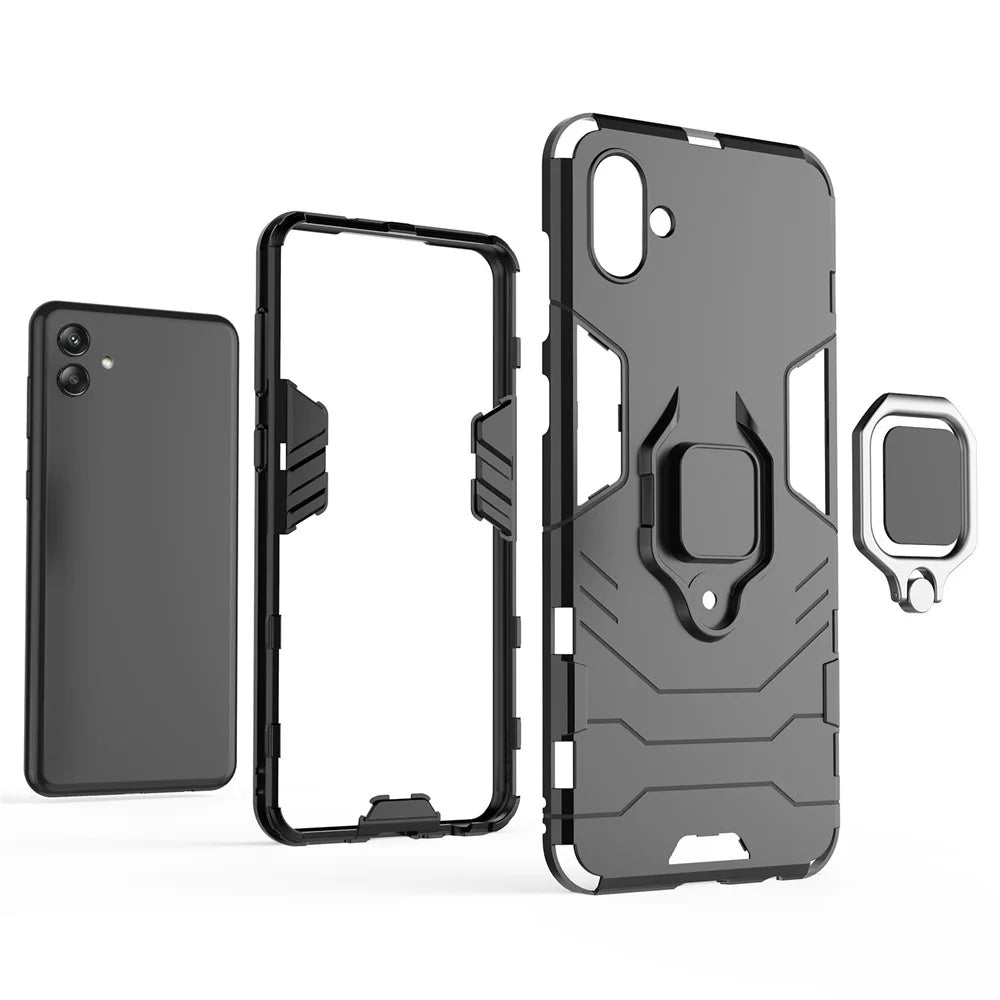 For Samsung Galaxy A04 4G (164.4 x 76.3 x 9.1 mm) Ring Holder Kickstand PC + TPU Case Anti-fall Phone Cover Protector - Black - 6