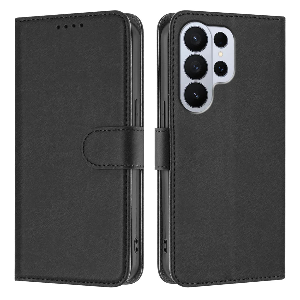 For Samsung Galaxy S26 Ultra Leather Case Solid Color Phone Cover with Wallet - Black - 1