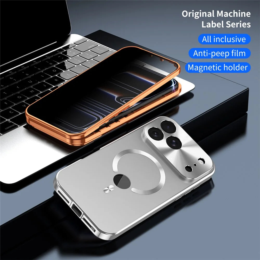 For iPhone 17 Pro Max Case Compatible with MagSafe PC + Metal Phone Cover with Anti Spy Screen Film - Orange - 6