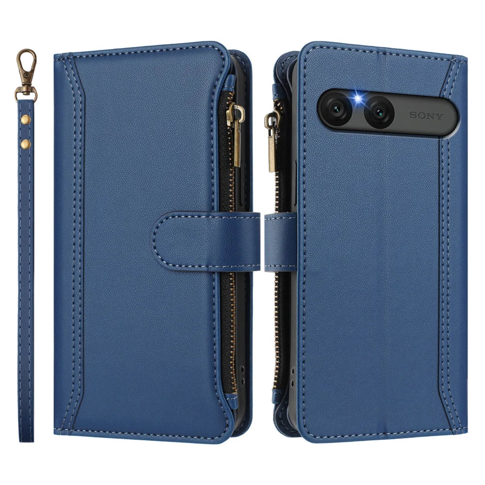For Sony Xperia 10 VII Leather Case 9 Card Slots Zipper Wallet Stand Phone Cover with Wrist Strap - Dark Blue - 3