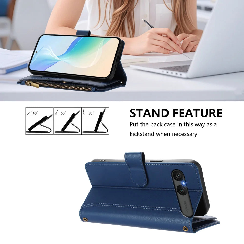 For Sony Xperia 10 VII Leather Case 9 Card Slots Zipper Wallet Stand Phone Cover with Wrist Strap - Dark Blue - 4