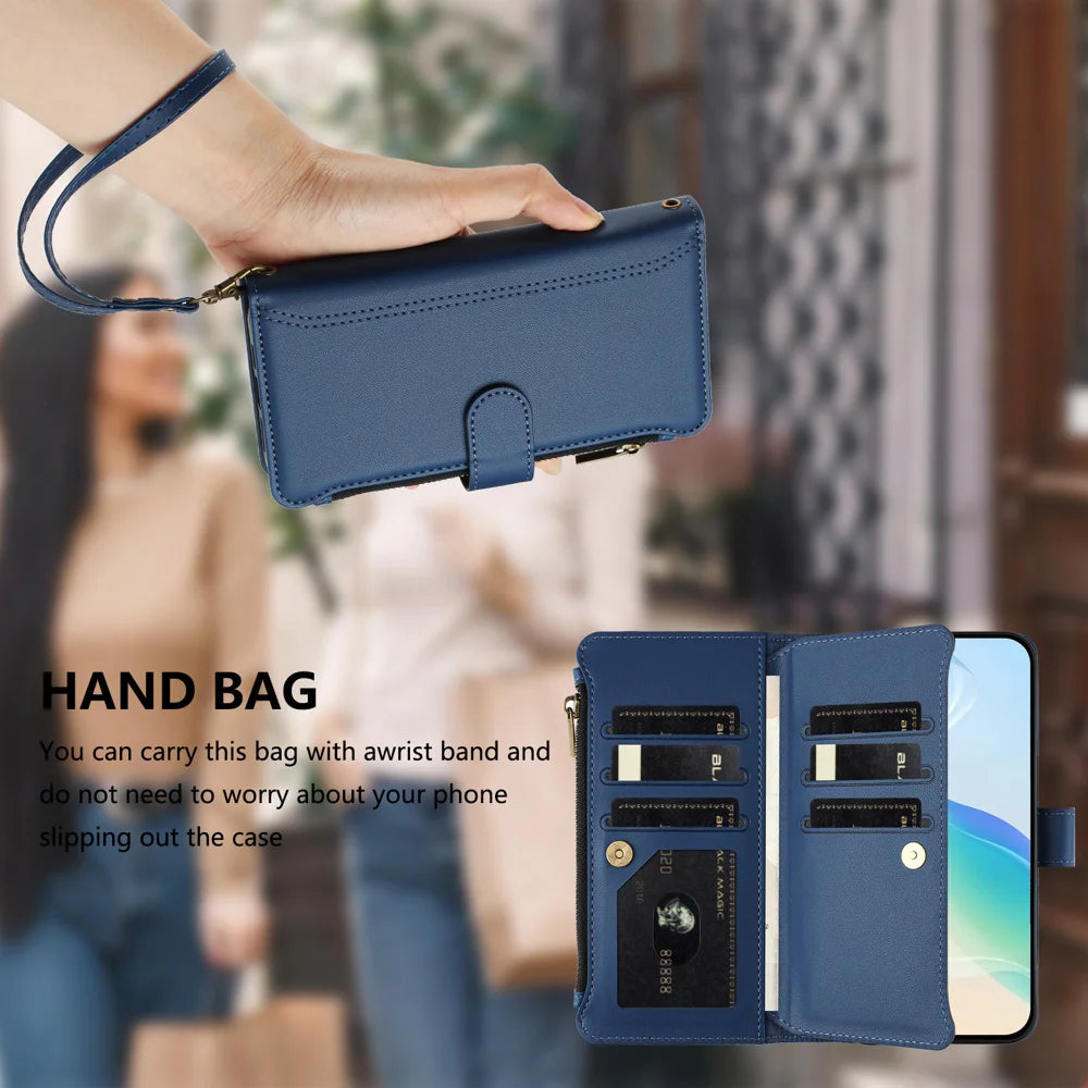 For Sony Xperia 10 VII Leather Case 9 Card Slots Zipper Wallet Stand Phone Cover with Wrist Strap - Dark Blue - 7