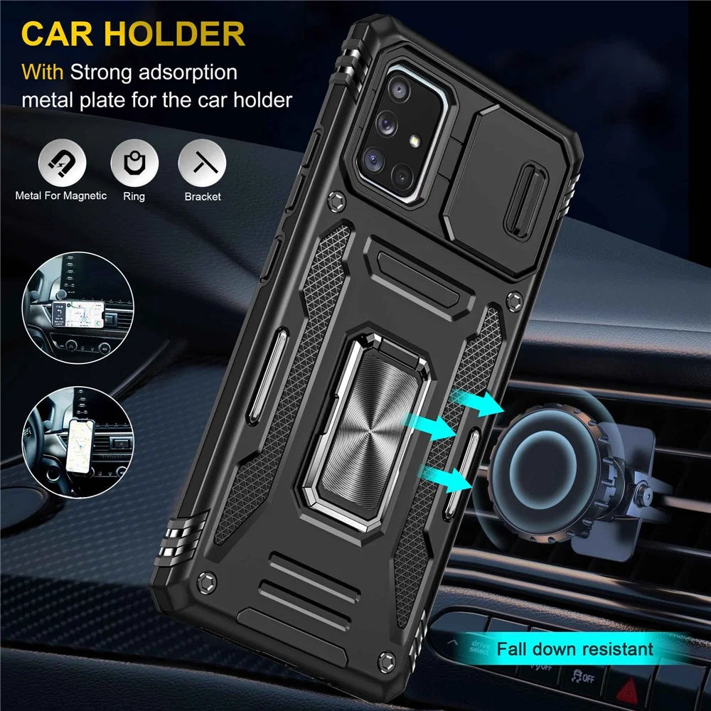 Armor Series for Samsung Galaxy A71 5G SM-A716 Kickstand Phone Case PC + TPU Impact-Resistant Protective Phone Protector with Slide Camera Cover - Black - 6