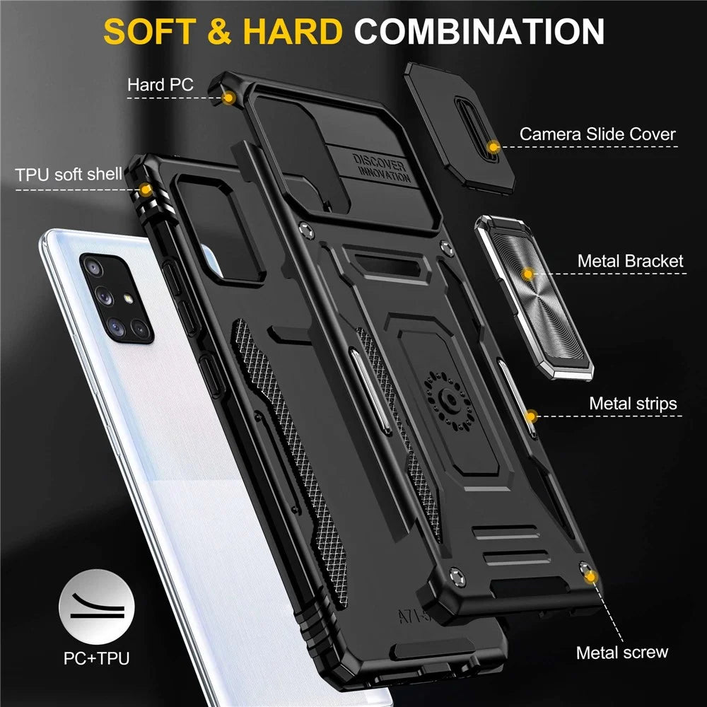 Armor Series for Samsung Galaxy A71 5G SM-A716 Kickstand Phone Case PC + TPU Impact-Resistant Protective Phone Protector with Slide Camera Cover - Black - 7