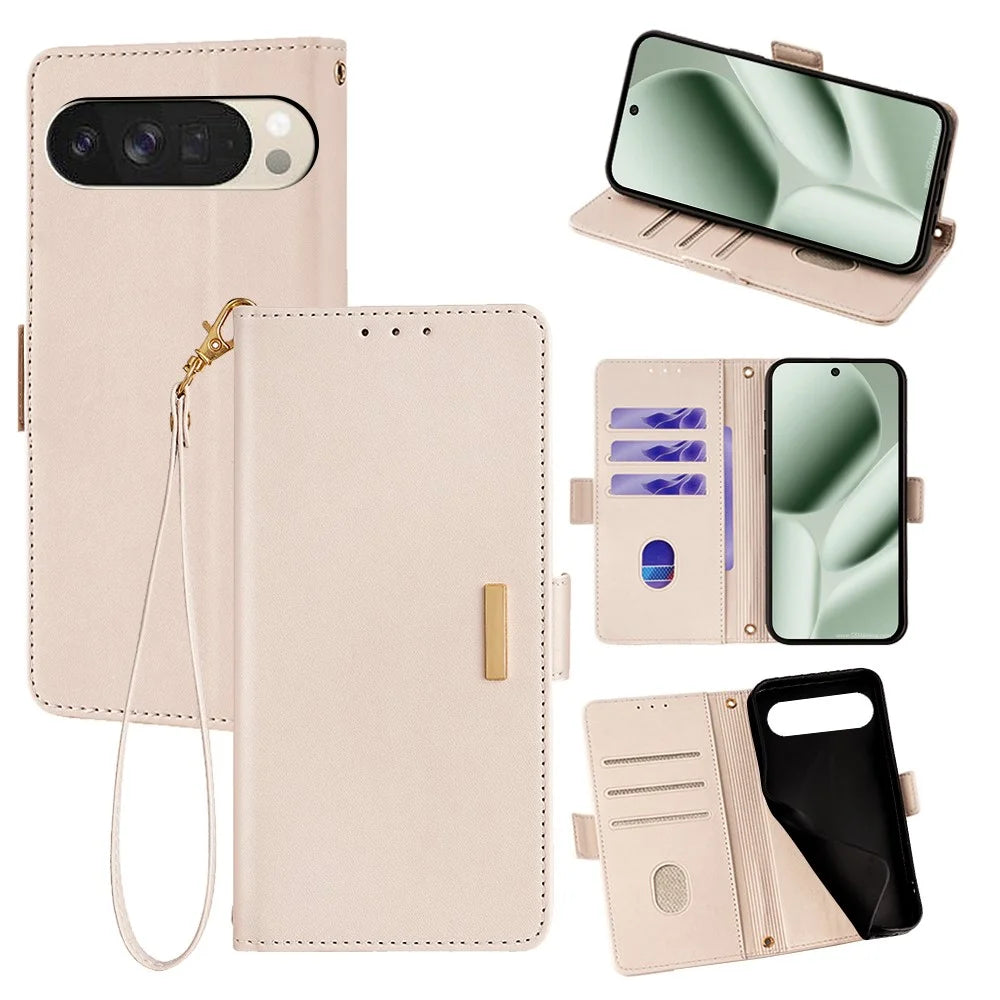 For Google Pixel 10 Case RFID Blocking Wallet PU Leather Phone Cover with Wrist Strap - White - 1