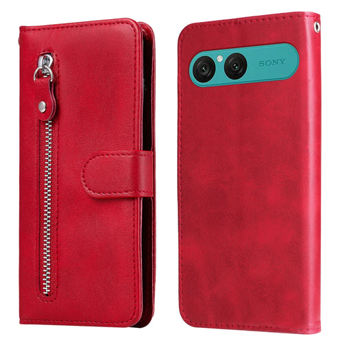 For Sony Xperia 10 VII PU Leather Cases with Zipper Pocket Wallet Phone Cover Stand - Red - 1