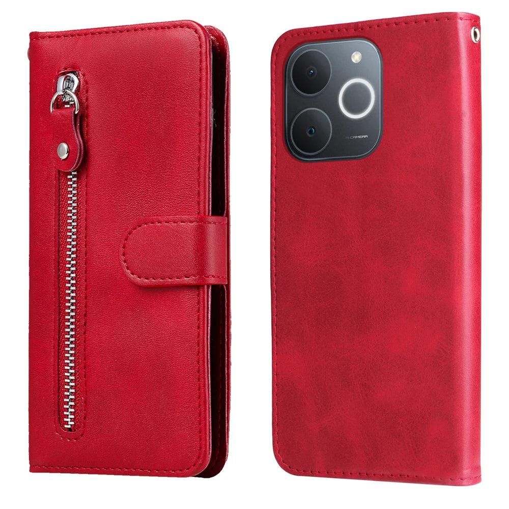 For Realme C71 4G (India) PU Leather Cases with Zipper Pocket Wallet Phone Cover Stand - Red - 1