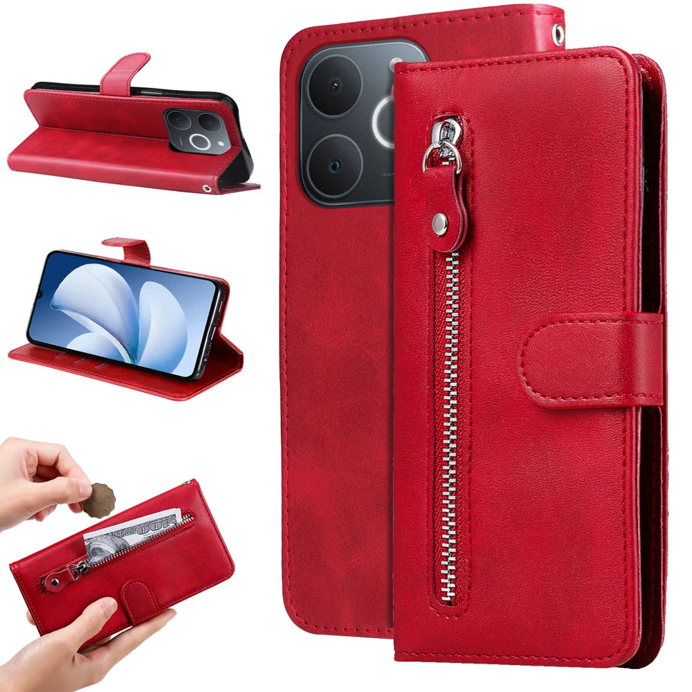 For Realme C71 4G (India) PU Leather Cases with Zipper Pocket Wallet Phone Cover Stand - Red - 2