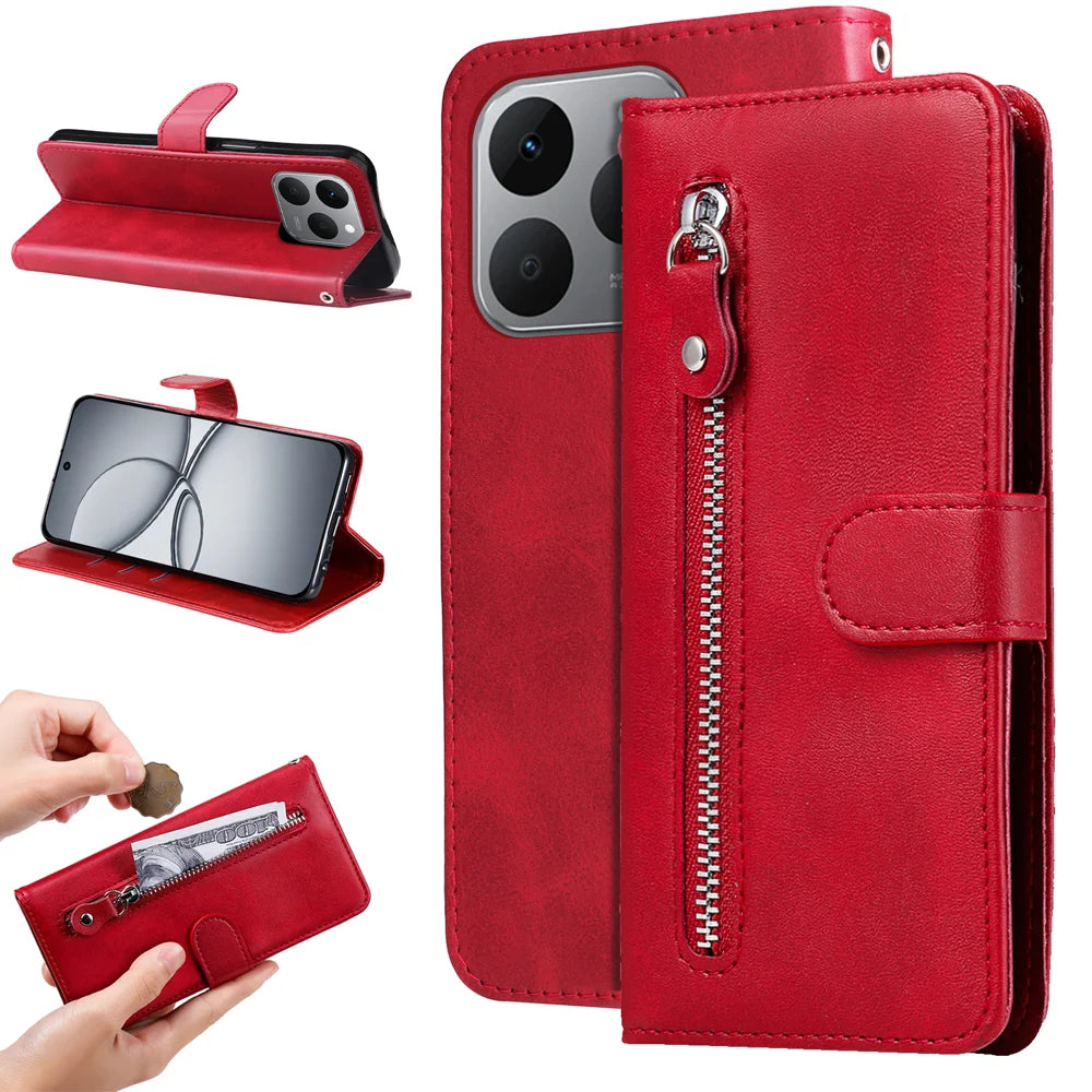 For Realme 15T 5G PU Leather Cases with Zipper Pocket Wallet Phone Cover Stand - Red - 2