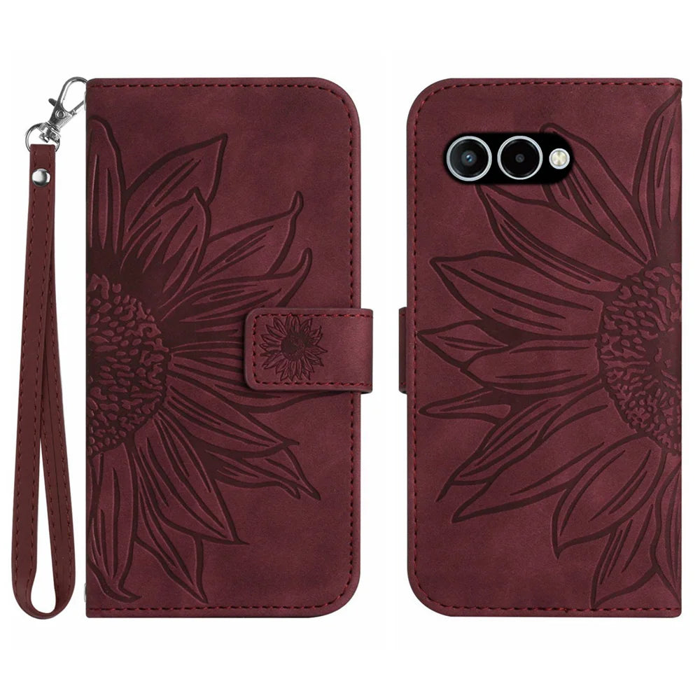 For T-Mobile T Phone 3 / T-Mobile REVVL 8 Case Sunflower Imprint Leather Wallet Phone Cover with Wrist Strap - Wine Red - 1