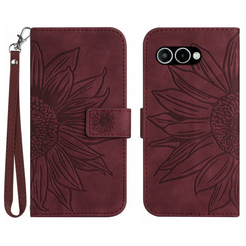 For T-Mobile T Phone 3 / T-Mobile REVVL 8 Case Sunflower Imprint Leather Wallet Phone Cover with Wrist Strap - Wine Red - 1