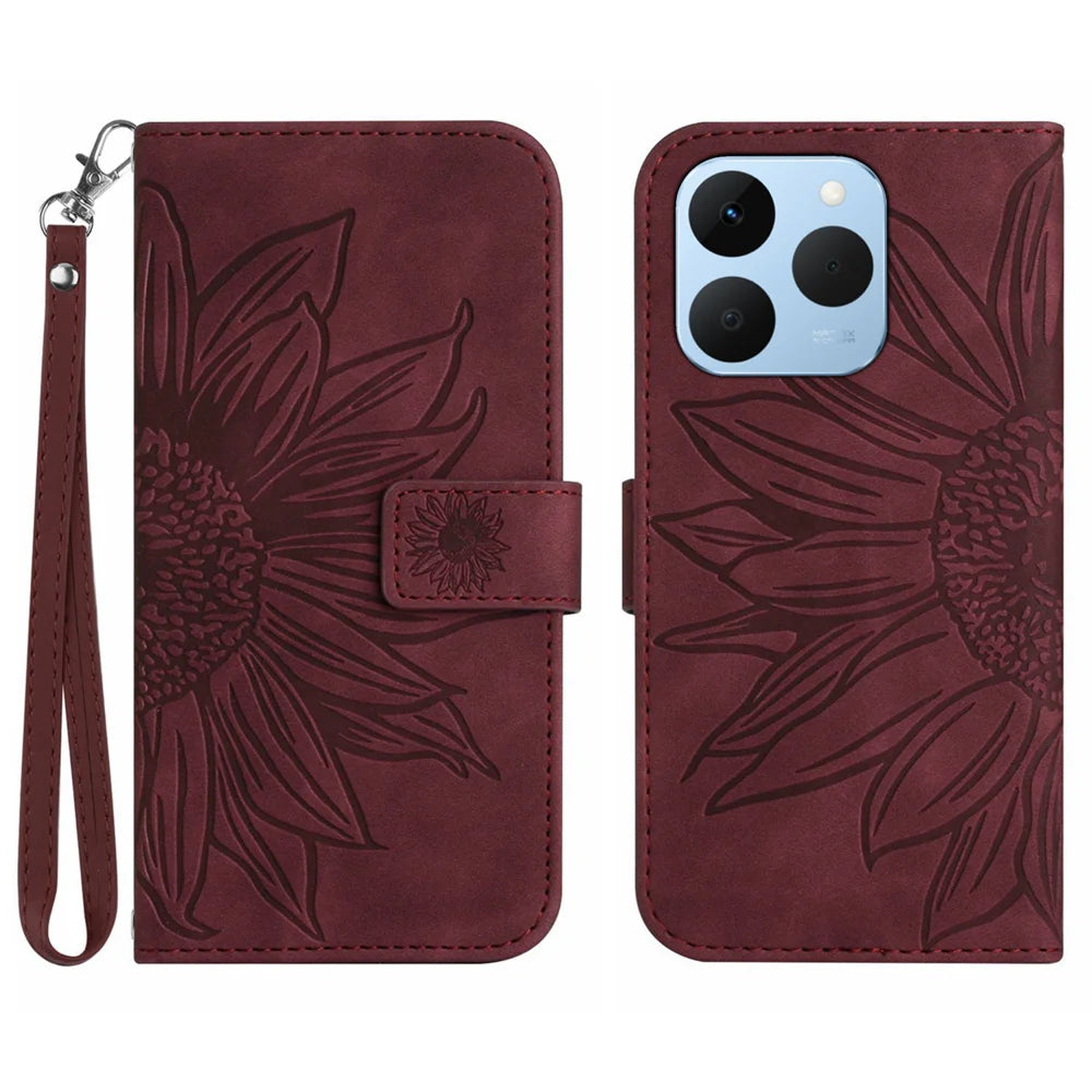 For Realme 15T 5G Case Sunflower Imprint Leather Wallet Phone Cover with Wrist Strap - Wine Red - 1