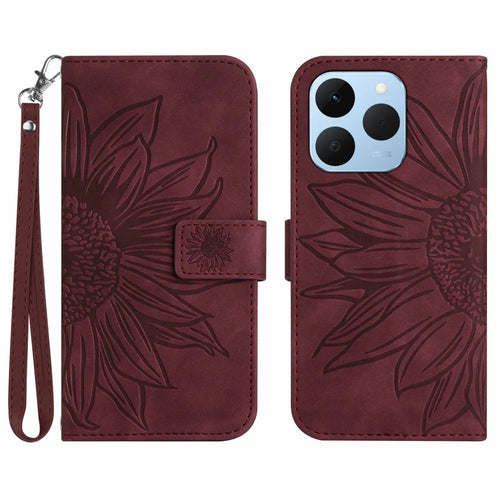 For Realme 15T 5G Case Sunflower Imprint Leather Wallet Phone Cover with Wrist Strap - Wine Red - 1
