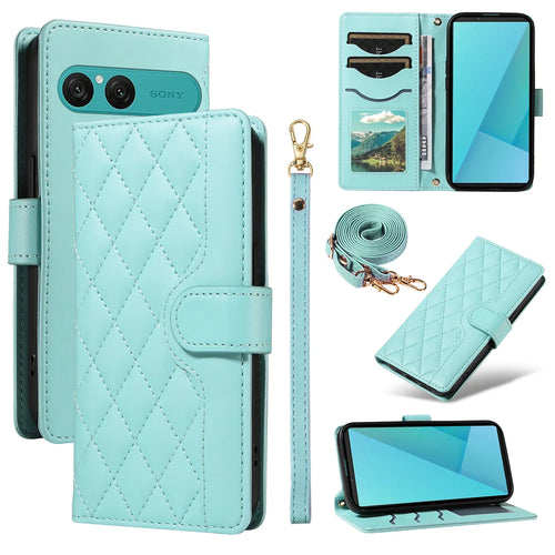 For Sony Xperia 10 VII Wallet Case Rhombus Leather Phone Cover with Strap - Green - 1