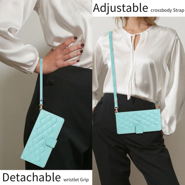 For Sony Xperia 10 VII Wallet Case Rhombus Leather Phone Cover with Strap - Green - 5