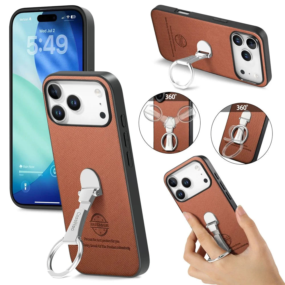 CASENEO BW-12 For iPhone 17 Pro Max Case Folding Kickstand Twill Texture Leather Back Cover - Brown - 1