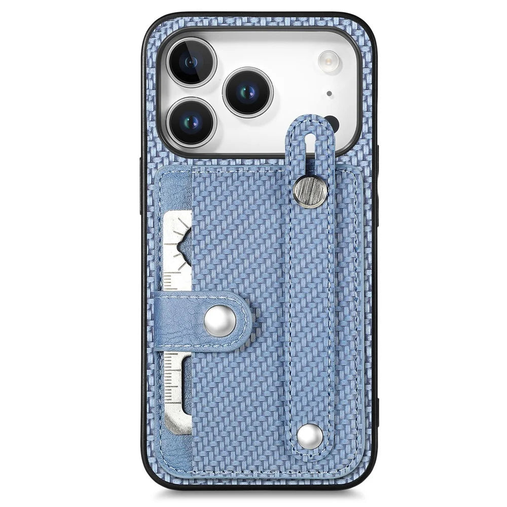 For iPhone 17 Pro Max Case Wristband Anti-Drop Leather Back Cover Card Holder - Blue - 1