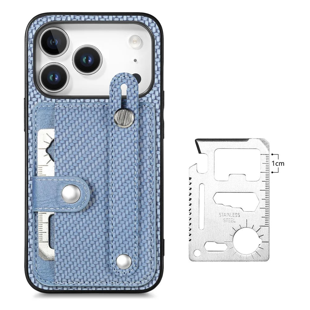 For iPhone 17 Pro Max Case Wristband Anti-Drop Leather Back Cover Card Holder - Blue - 2