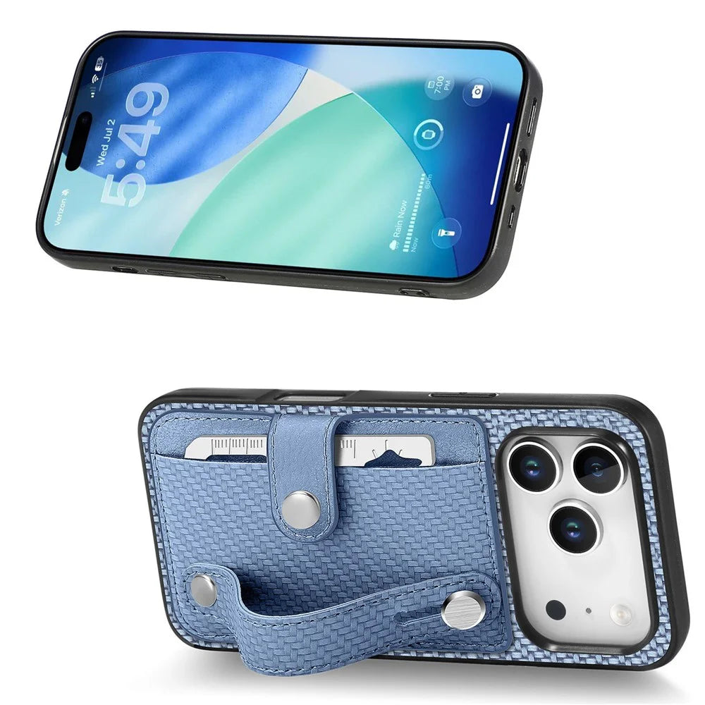 For iPhone 17 Pro Max Case Wristband Anti-Drop Leather Back Cover Card Holder - Blue - 3