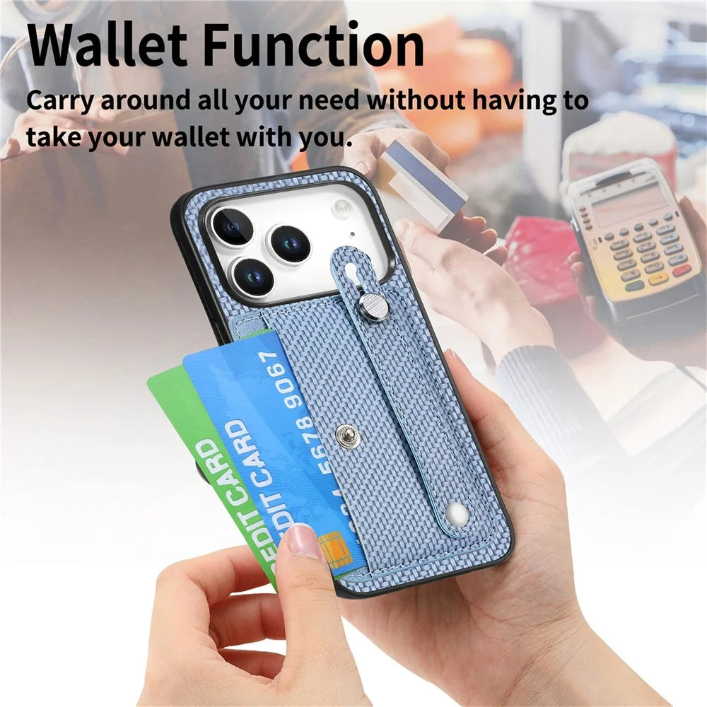 For iPhone 17 Pro Max Case Wristband Anti-Drop Leather Back Cover Card Holder - Blue - 4
