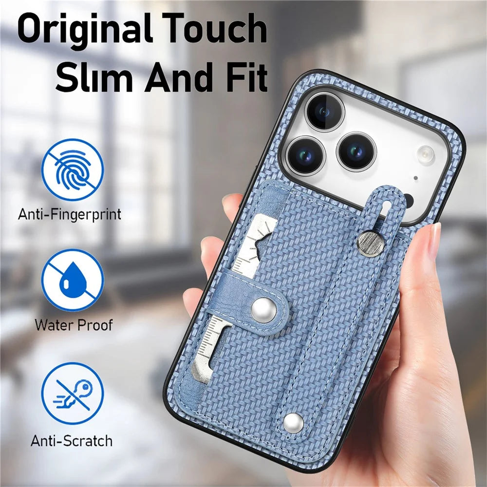 For iPhone 17 Pro Max Case Wristband Anti-Drop Leather Back Cover Card Holder - Blue - 5