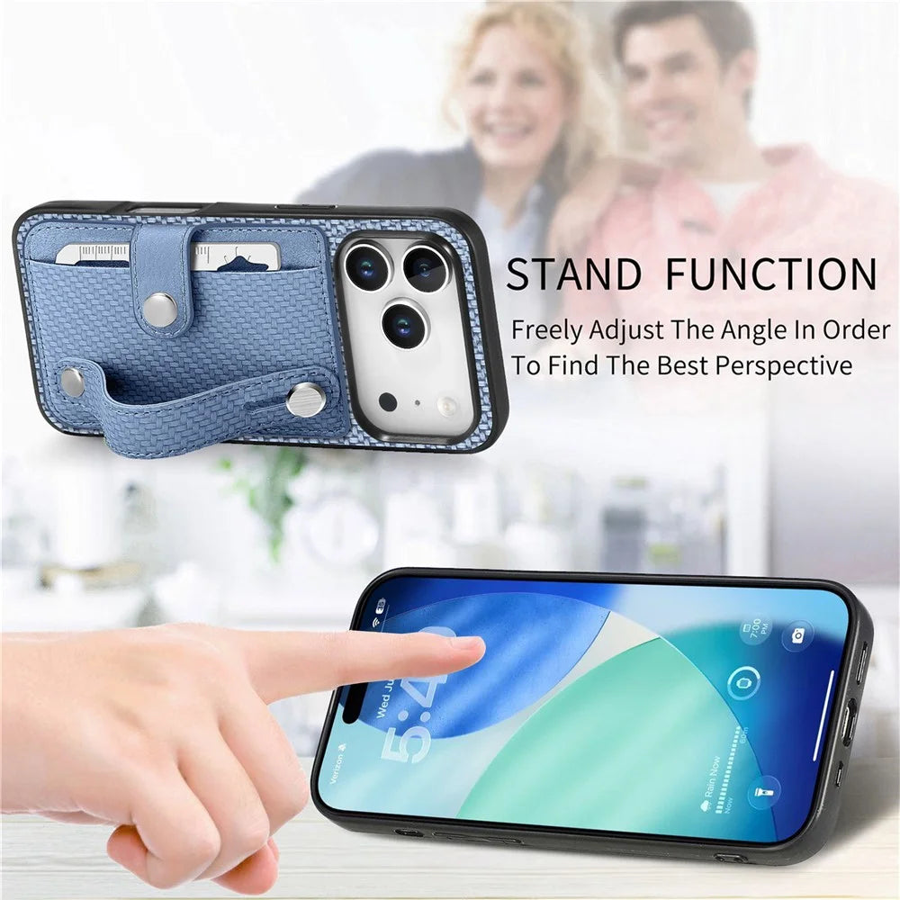 For iPhone 17 Pro Max Case Wristband Anti-Drop Leather Back Cover Card Holder - Blue - 6
