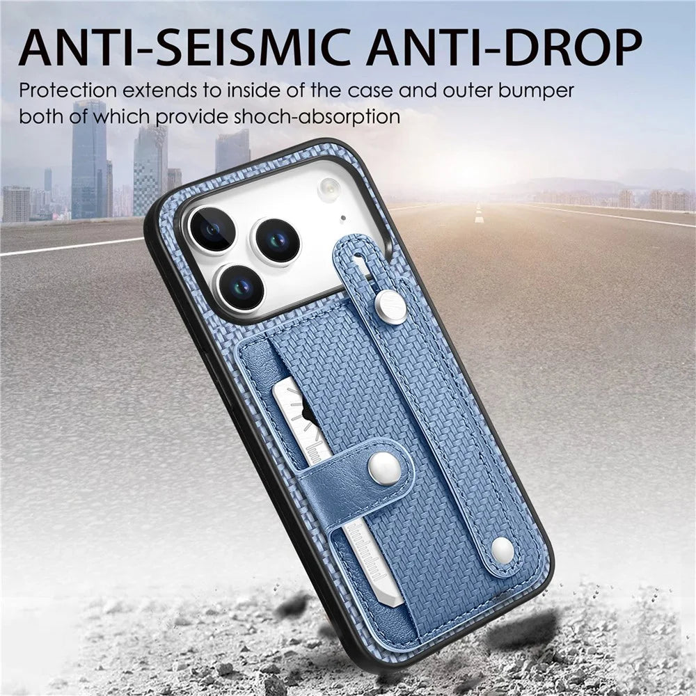 For iPhone 17 Pro Max Case Wristband Anti-Drop Leather Back Cover Card Holder - Blue - 7