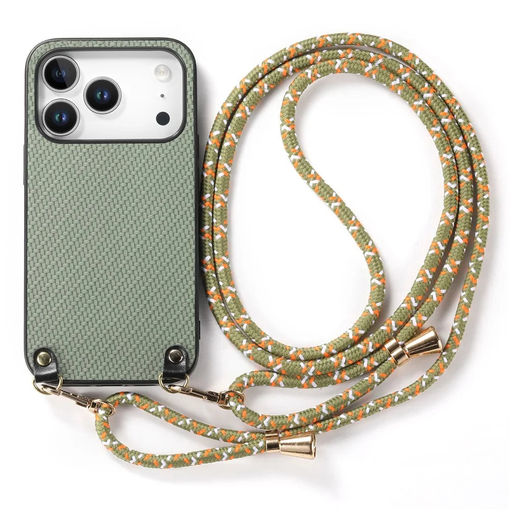 For iPhone 17 Pro Max Case Carbon Fiber Texture Hybrid Phone Back Cover with Adjustable Strap - Green - 2