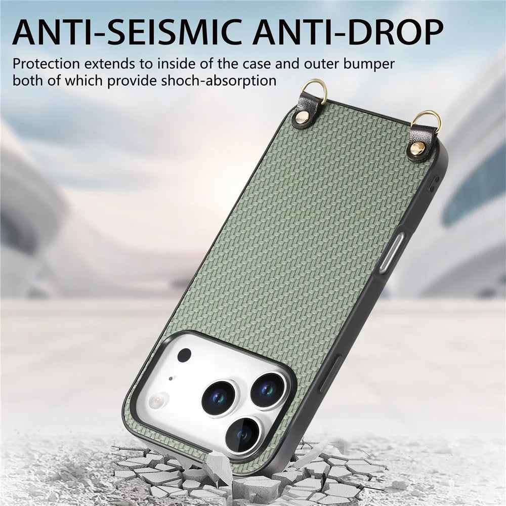 For iPhone 17 Pro Max Case Carbon Fiber Texture Hybrid Phone Back Cover with Adjustable Strap - Green - 3
