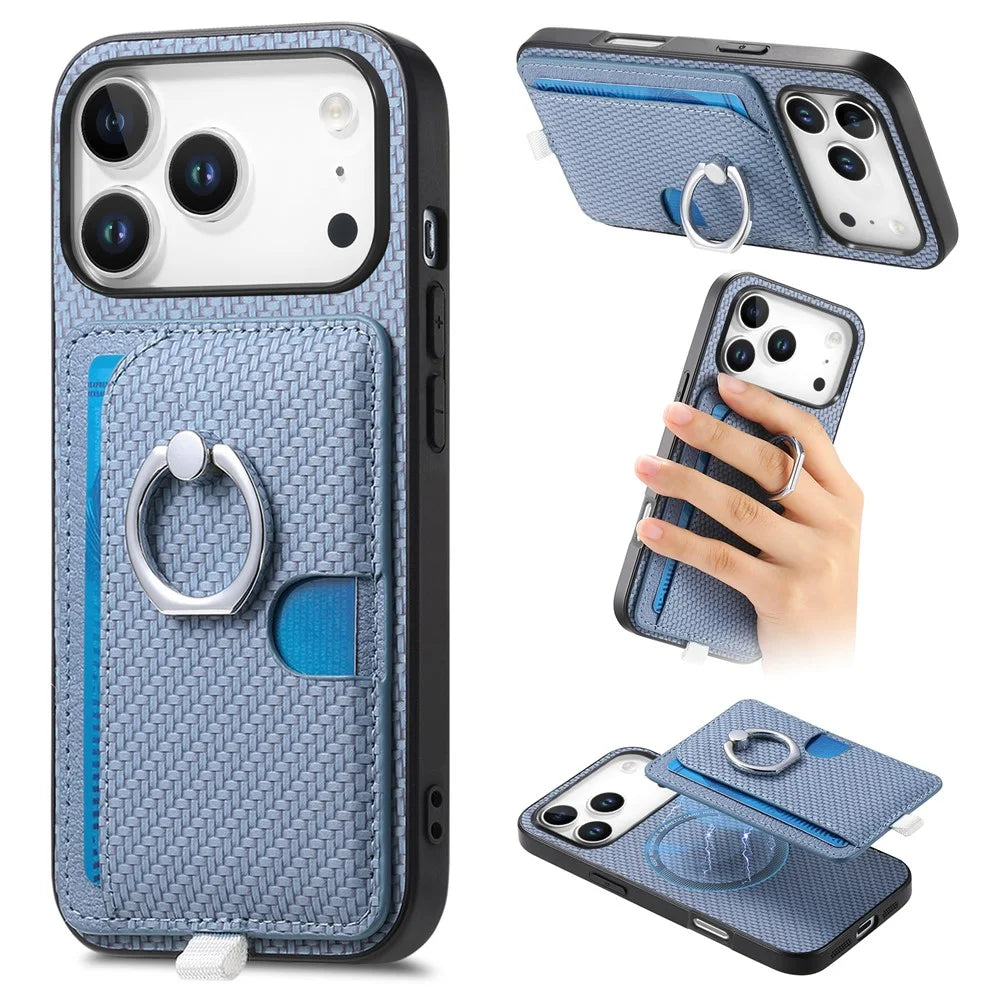 For iPhone 17 Pro Max Case Ring Kickstand Leather Back Cover with Magnetic Detachable Card Holder - Blue - 1