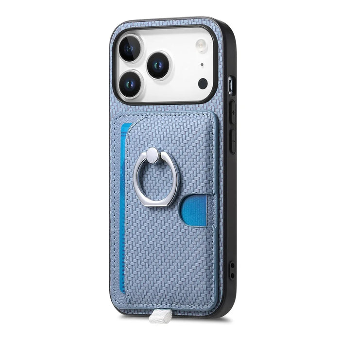 For iPhone 17 Pro Max Case Ring Kickstand Leather Back Cover with Magnetic Detachable Card Holder - Blue - 3