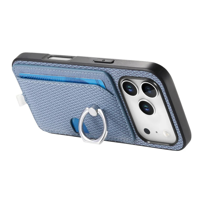 For iPhone 17 Pro Max Case Ring Kickstand Leather Back Cover with Magnetic Detachable Card Holder - Blue - 4