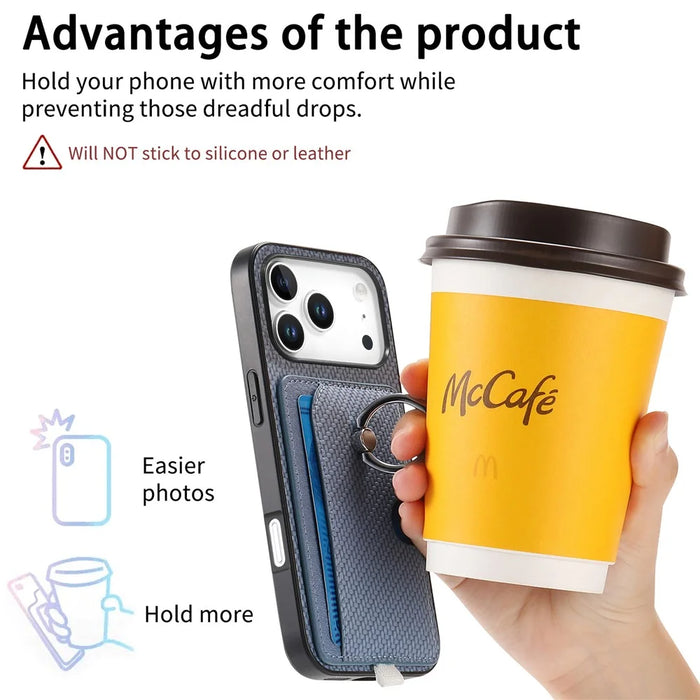 For iPhone 17 Pro Max Case Ring Kickstand Leather Back Cover with Magnetic Detachable Card Holder - Blue - 7