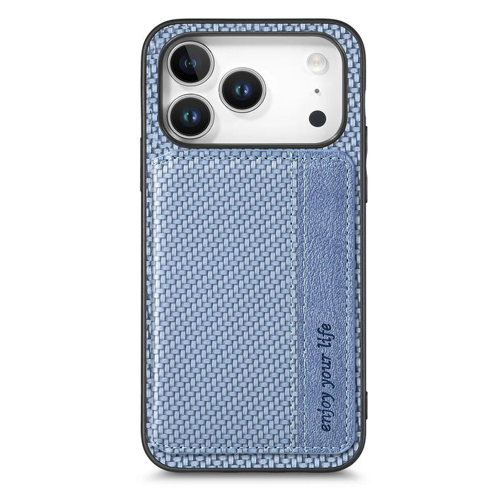 For iPhone 17 Pro Max Case RFID Blocking Carbon Fiber Leather Phone Back Cover with Card Holder - Blue - 1