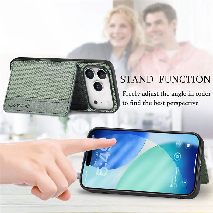 For iPhone 17 Pro Max Case RFID Blocking Carbon Fiber Leather Phone Back Cover with Card Holder - Blue - 7