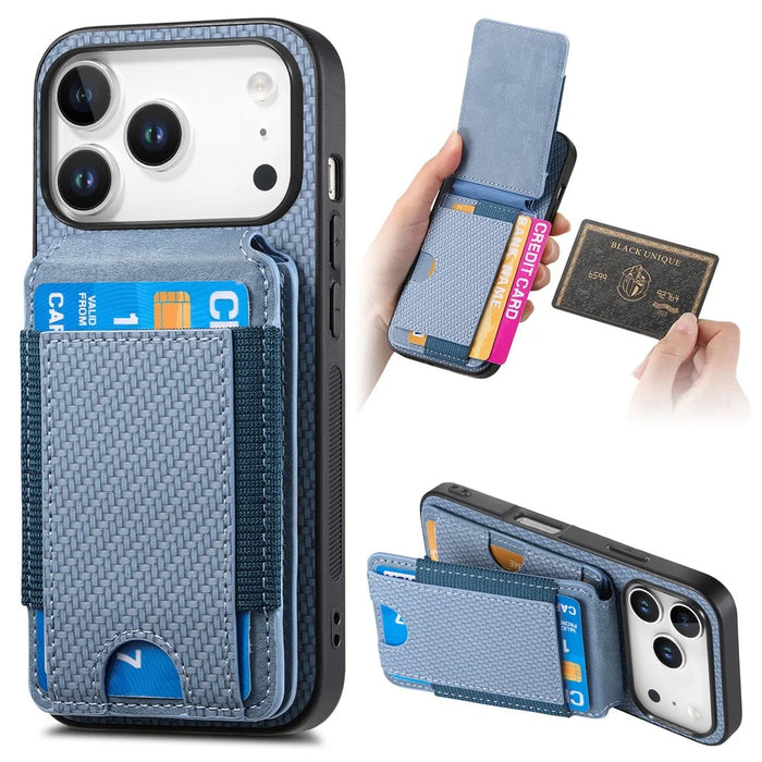 For iPhone 17 Pro Max Case with Card Holder Kickstand Leather Back Cover - Blue - 1