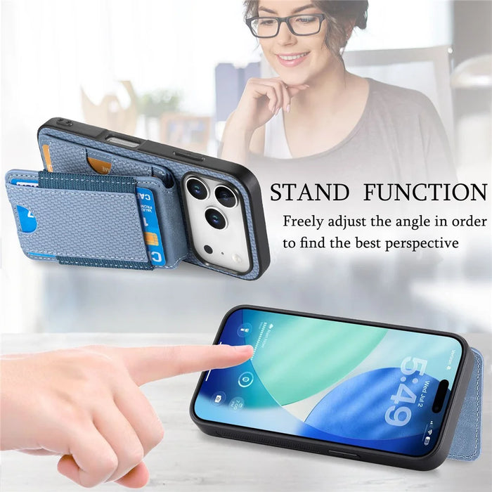 For iPhone 17 Pro Max Case with Card Holder Kickstand Leather Back Cover - Blue - 5