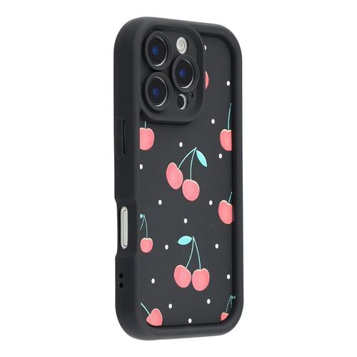 For iPhone 16 Pro Case Aesthetic Pattern Print TPU Shockproof Phone Cover - Cherry / Black - 1